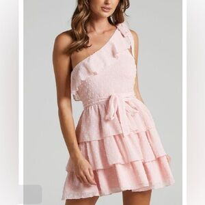 showpo blush pink off the shoulder mini ruffle dress